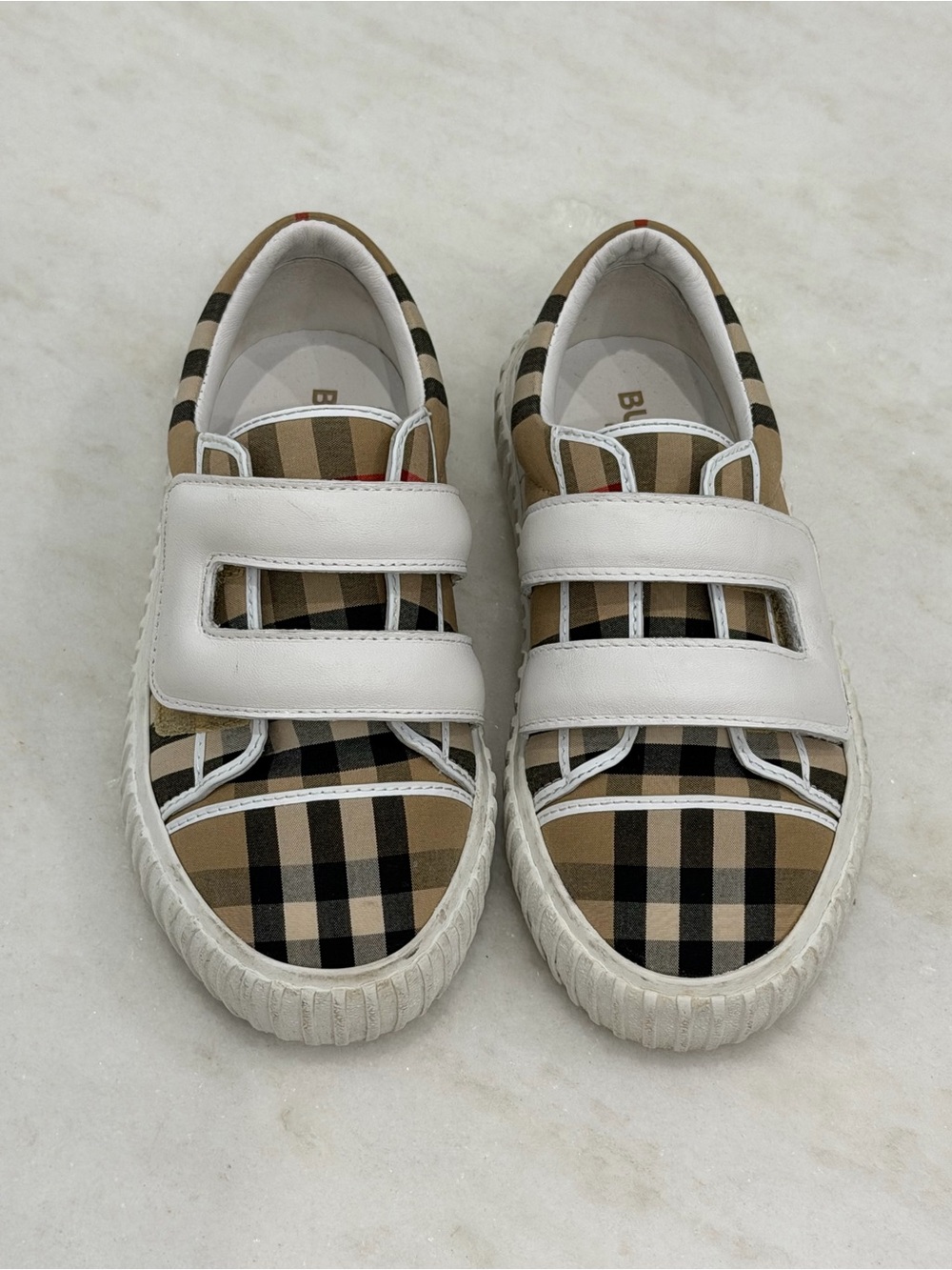 Burberry Kids Plaid Velcro Sneakers in Beige and White